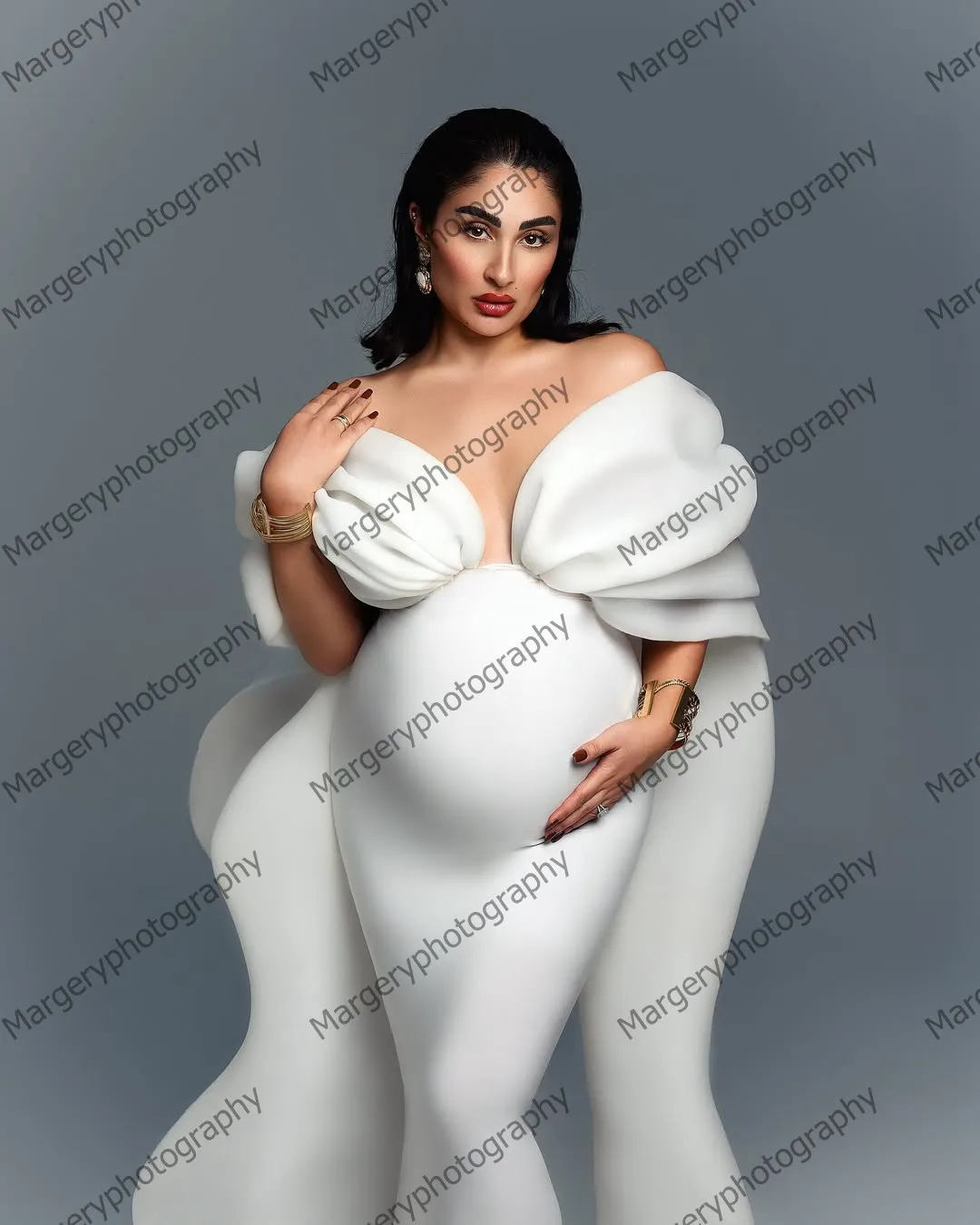 Fora do ombro babados vestido de maternidade moderno em camadas drapeado longo eventos formais vestido para fotografia bonito sereia vestidos de gravidez