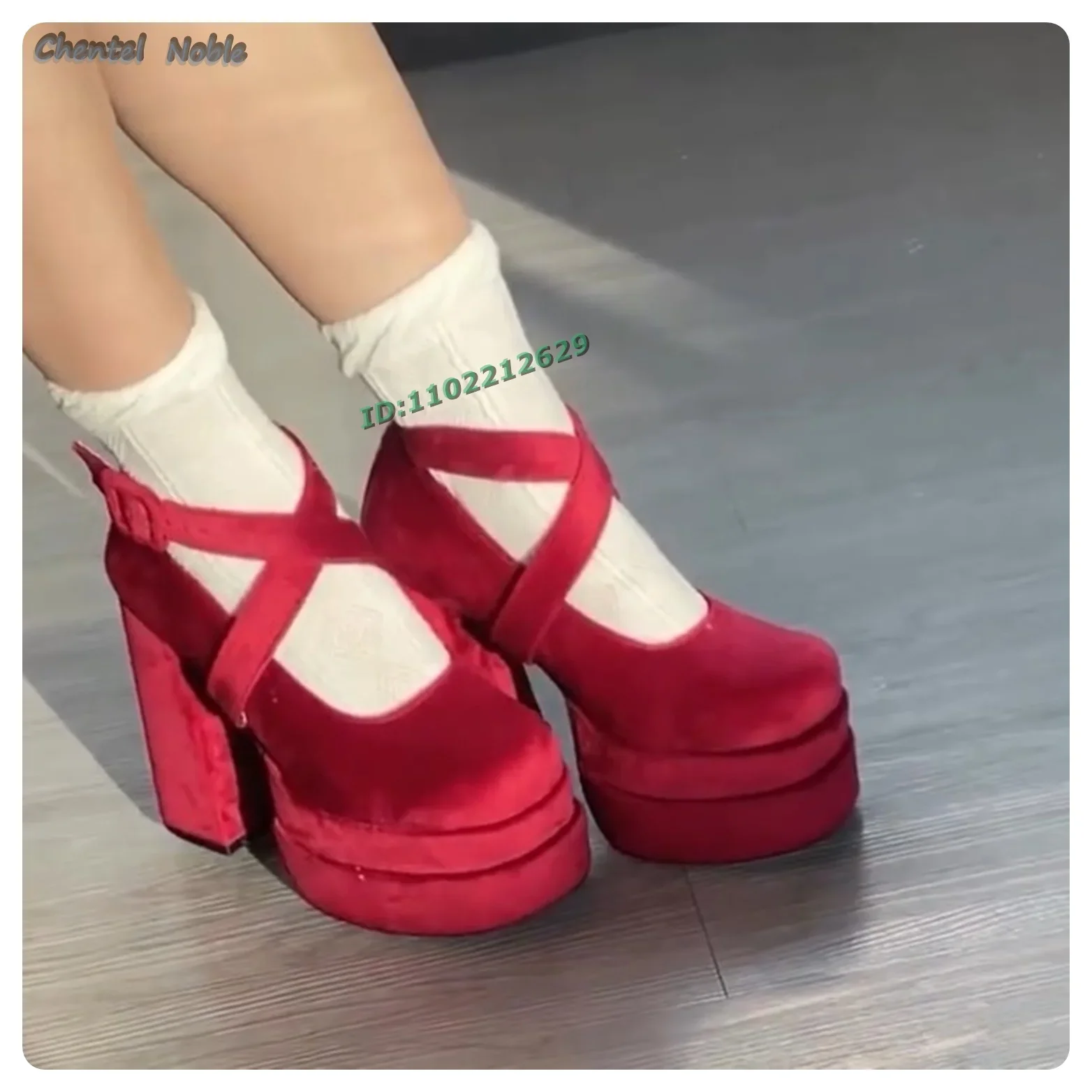 Suede Double Platform Cross Strap Bows Pumps Round Toe Square High Heels Solid Women Stilettos Cute Lolita Pink Red Blue Black