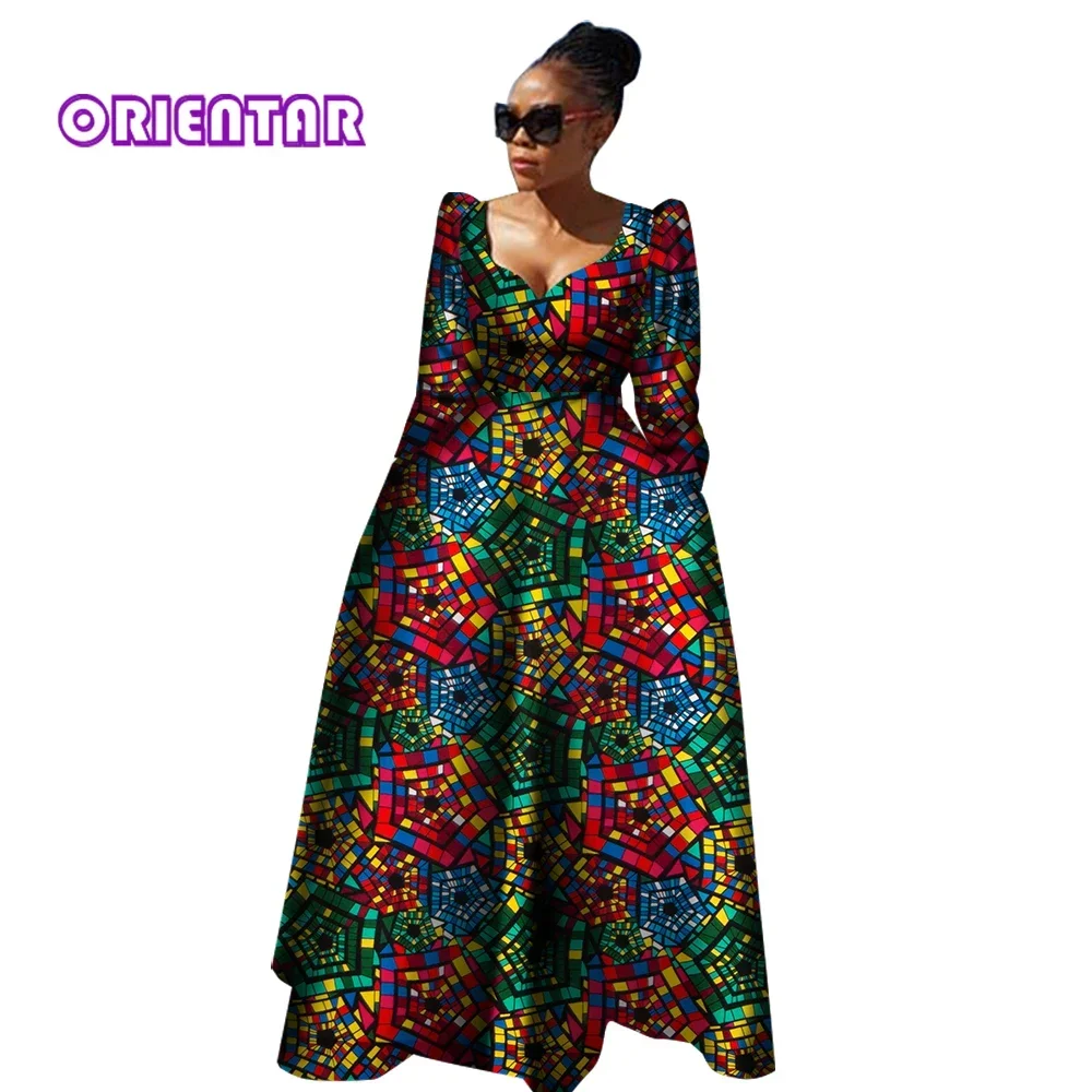 African Dresses for Women Full Sleeve Long Maxi Dress Robe Africaine Bazin Riche African Clothes Women Evening Dress WY2849