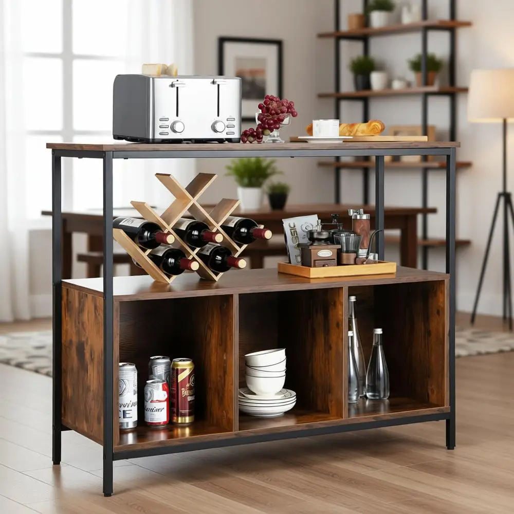 

Wooden Sideboard with Ample Counter Space, Kitchen Pantry, Open Shelves, Storage Cabinet, and Durable Island in Brown and Black