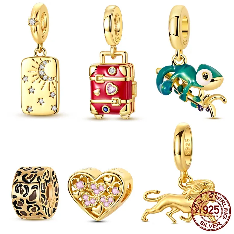 

New 925 Silver Golden Lion Chameleon Suitcase Charms Pendants Moon Beads Fit Bracelet Woman Jewelry Gifts