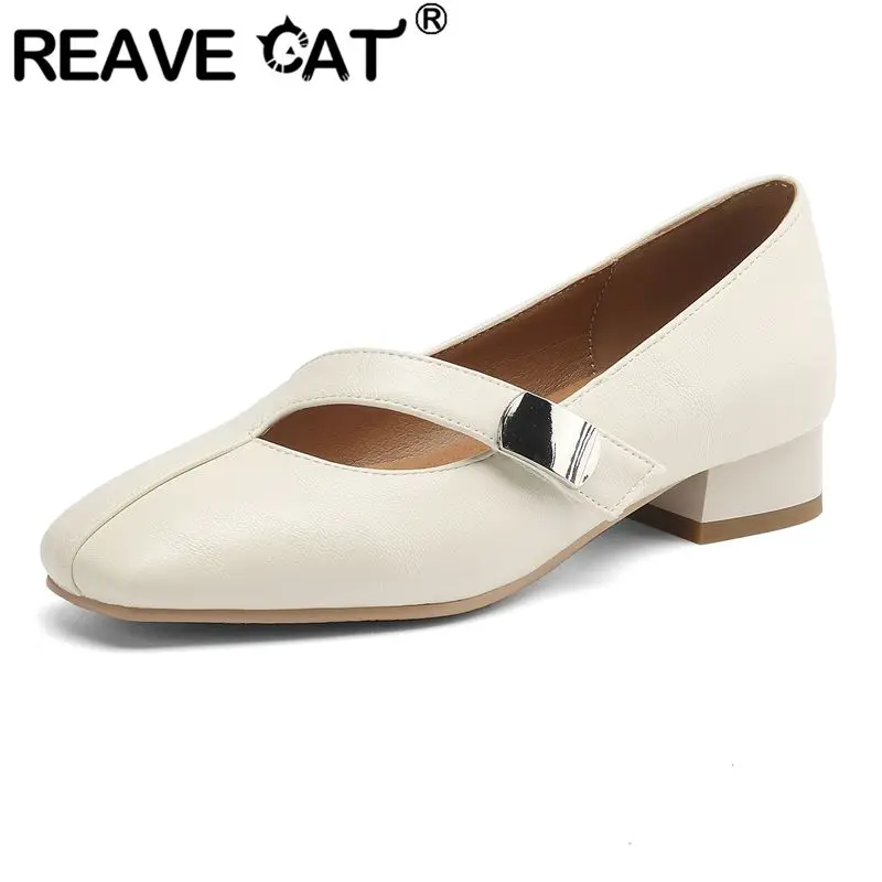 

REAVE CAT Beige Female Flats Square Toe Hook&Loop Extended Size 41 42 43 Soft Dating Casual Handmade Office Lady Shoes Footwear
