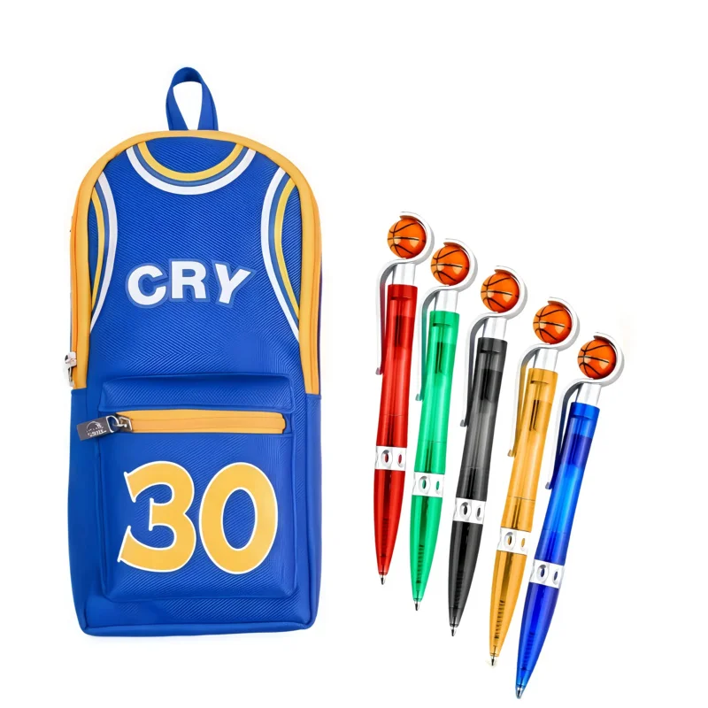 

1 Basketball Pencil Case with 5 Ballpoint Pens, Large Capacity Canvas Stationery Bag, Cute Student Study Supplies Set for Boys,