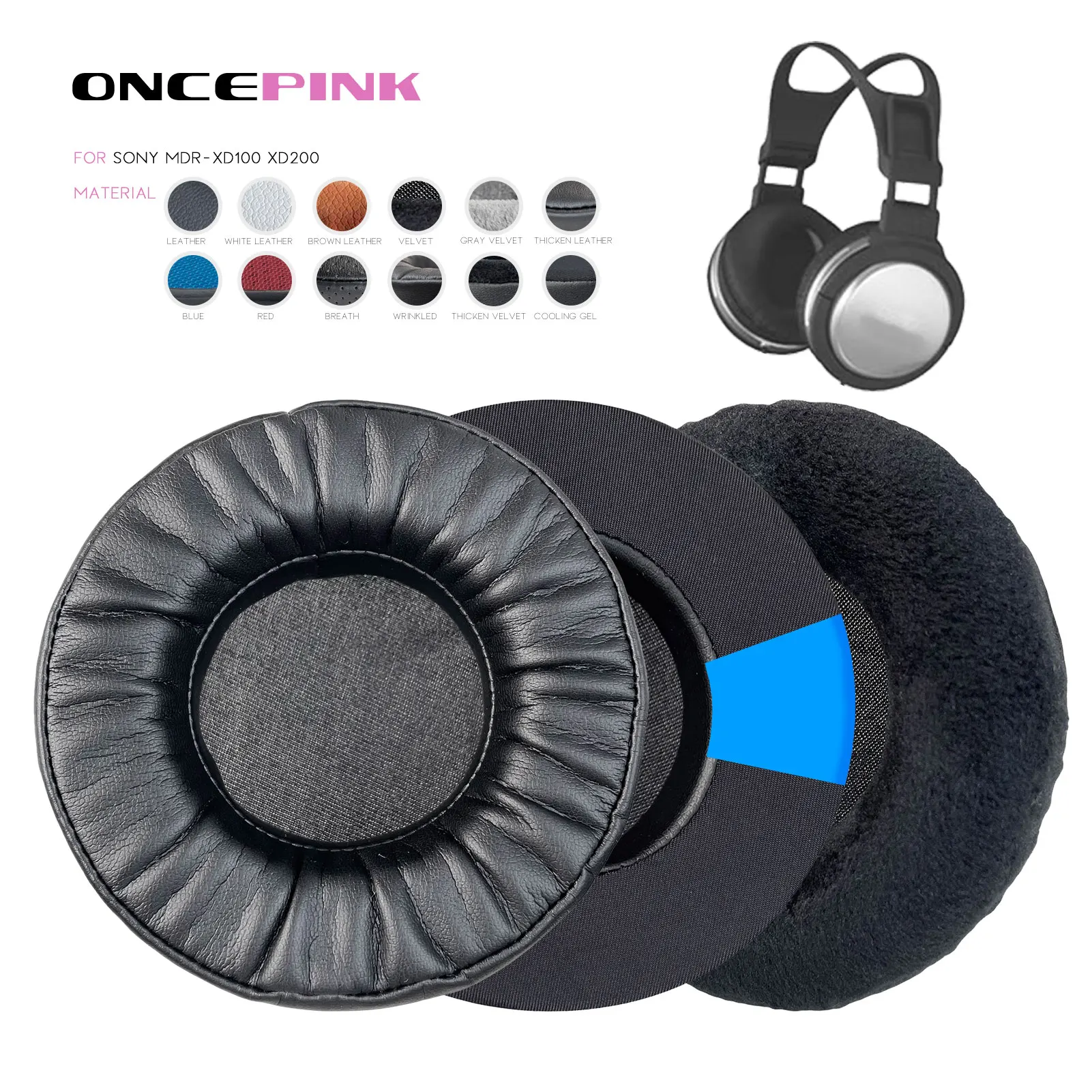 Oncepink Replacement Ear Pads for SONY MDR-XD100 XD200 Headphone Thicken Cushion Earcups Earmuffs Ear Covers