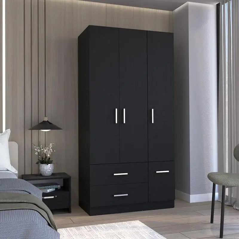Armario de 71" de alto con 2 cajones, 4 puertas, 3 gabinetes, 6 estantes y barra colgante para almacenamiento de ropa de dormitorio