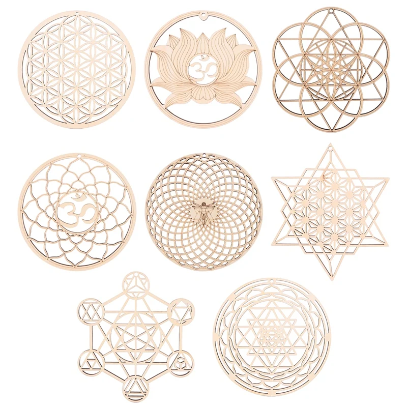 

8Pack 14Cm Wooden Wall Sign Flower Of Life Shape Coaster Wood Wall Art DIY Coaster Craft Making Geometry