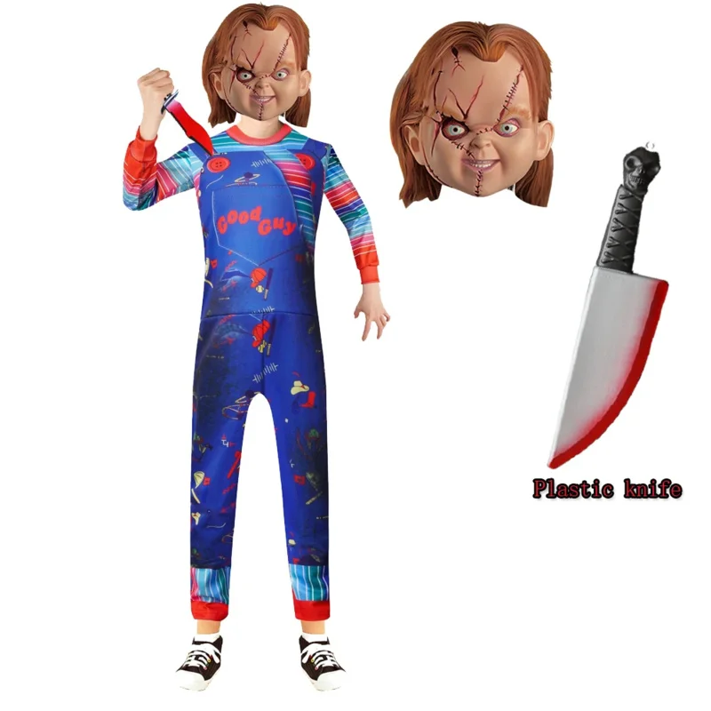 Kids Chucky Cosplay Costume Ghost Doll Full Set Mask Plastic Knife Halloween Horror Costumes Nightmare for Girl Festival Dress