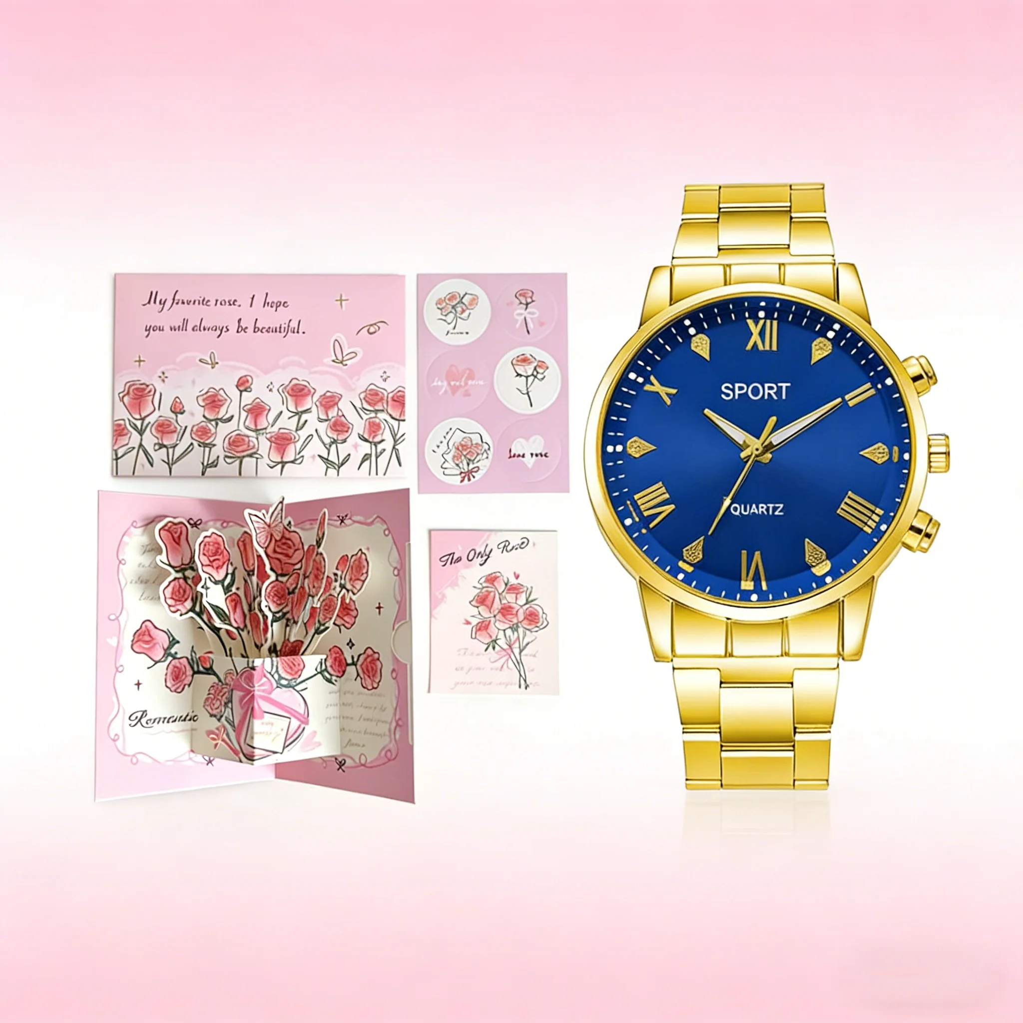 

Модные кварцевые часы и набор поздравительных открыток с букетами, для повседневного использования, в качестве праздничного подарка, сюрприза на день рождения, универсальные наручные часы.