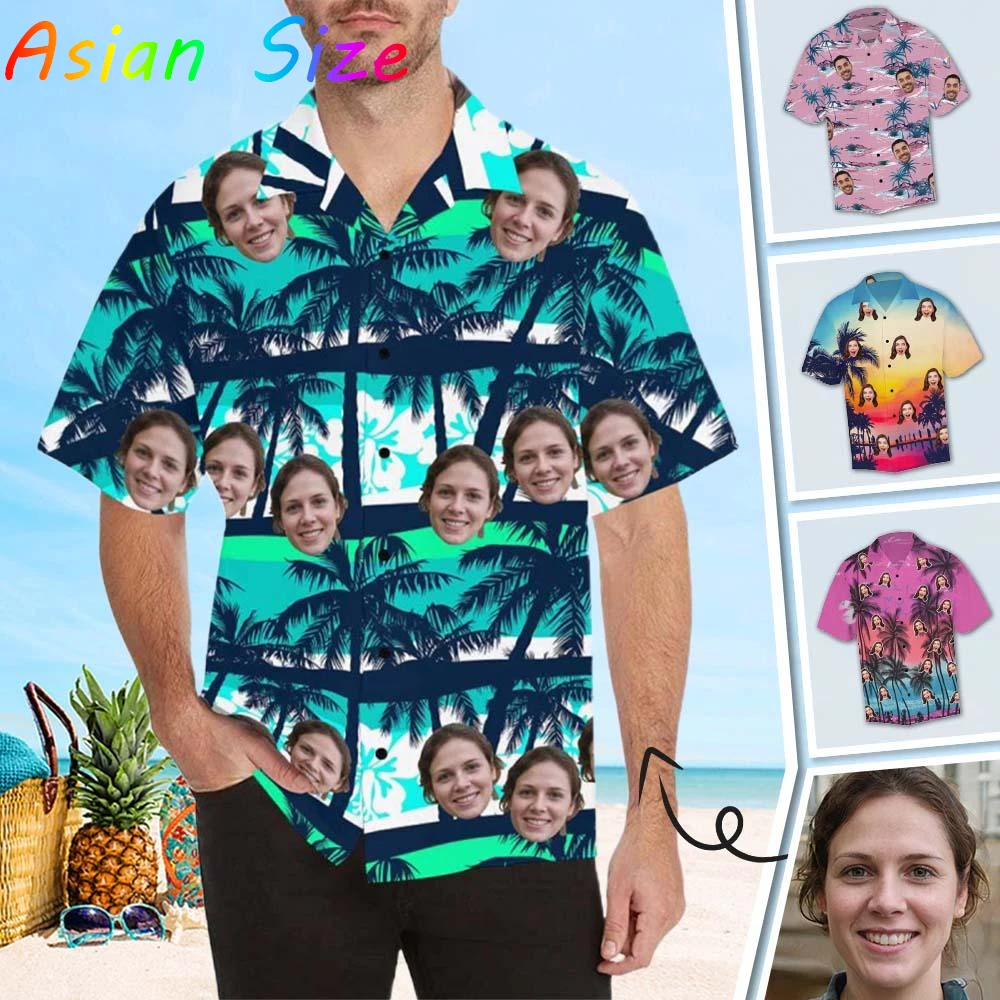 

Free Custom Photo Palm Tree Hawaiian Man Shirts Coconut Tree Pattern Personalized Diy Face Beach Men Short Sleeve Aloha Shirts