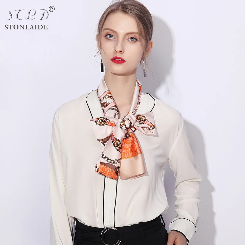 HOT French Retro Women\'s Satin Silk Neck Scarves Double Printing Joker Small Strip Decorative Thin Ladies Neckerchiefs 15X145CM