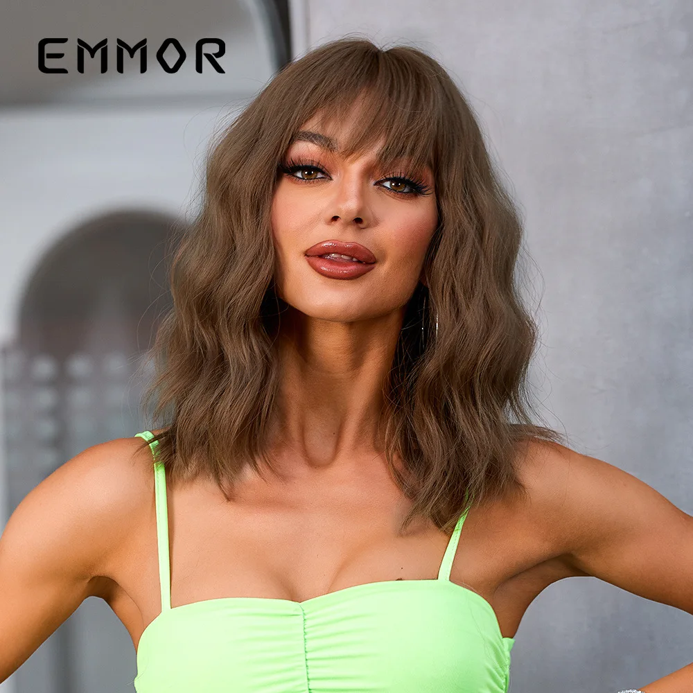 Pink Short Curly Bob Wig Straight Bangs Shoulder Length European Fashion Ladies Wigs