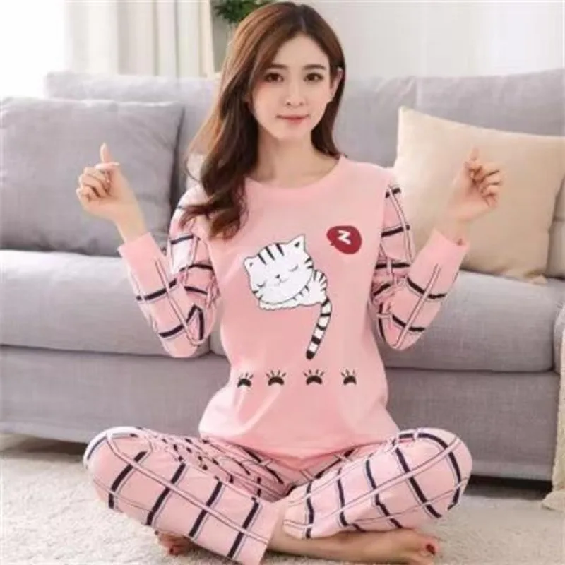 2Pcs/set women's plus size pajamas cartoon long-sleeved trousers student homewear round neck plaid ladies sleepwear women's clot