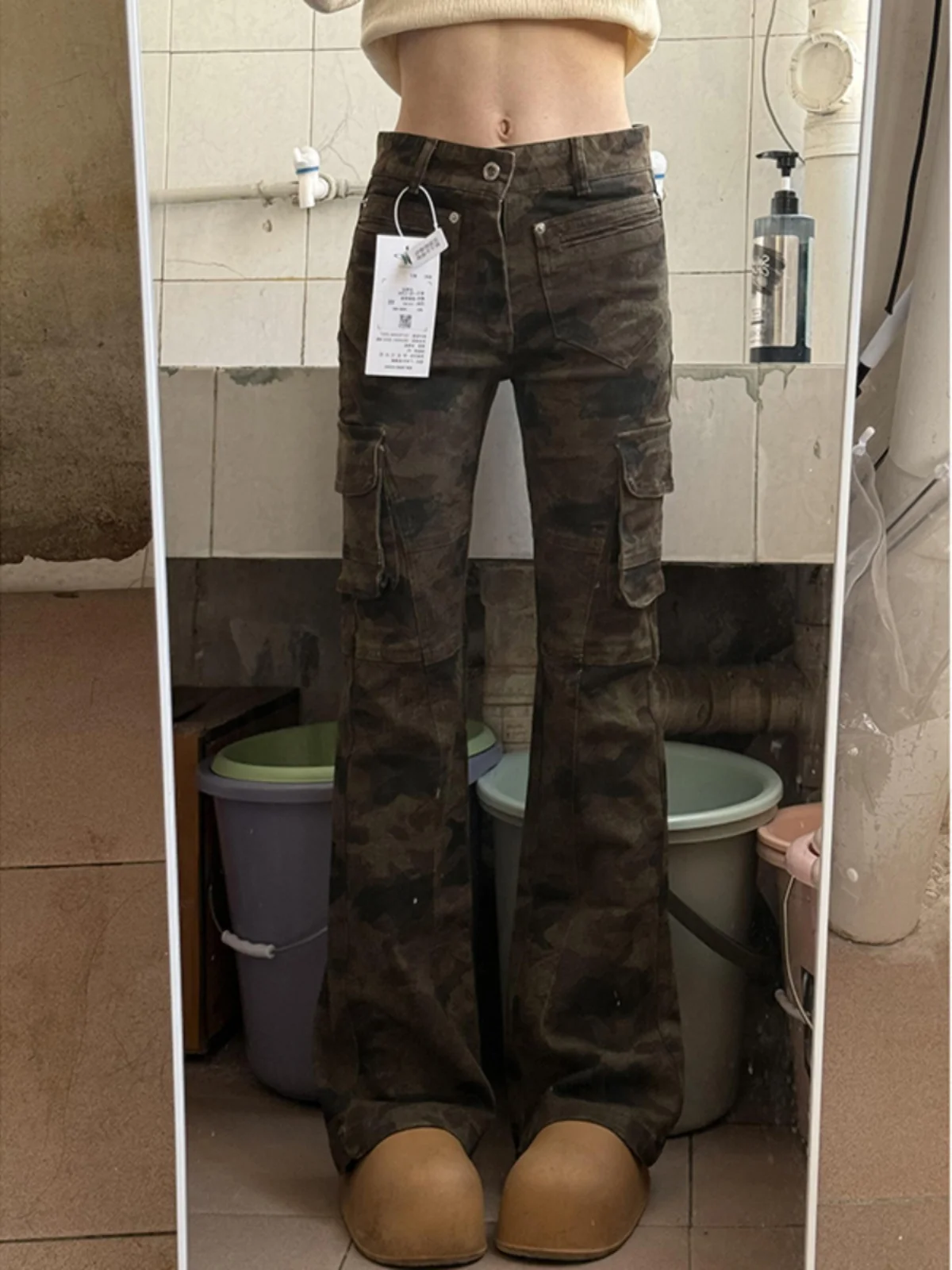 

Retro Camouflage Work Pants Women's Casual Multi-ket Slimming Flared Jeans High Waist Extended Length Denim Trousers
