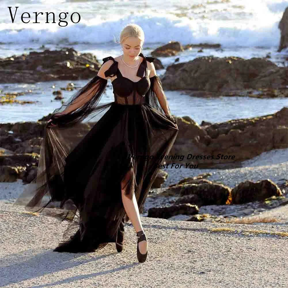 

Verngo Black Tulle Prom Gown Spaghetti Straps A Line Party Dress For Women Side Slit Evening Dress For Formal Occasion