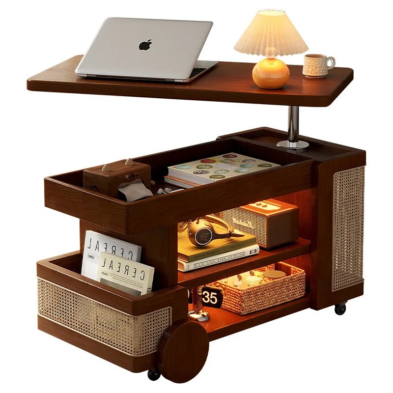 Solid wood mobile trolley coffee table can be small apartment liftable living room household sofa side cabinet bus side table