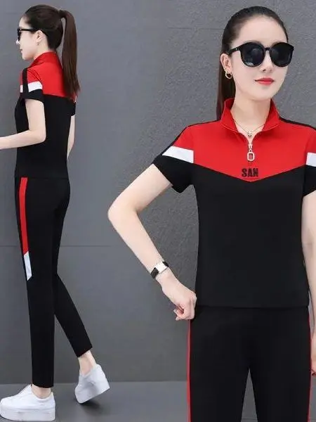 Fashionable Sporty Short Sleeve Stand Collar Two Piece Set Summer New Arrival plus Size Women's Clothing Commute Korean Style