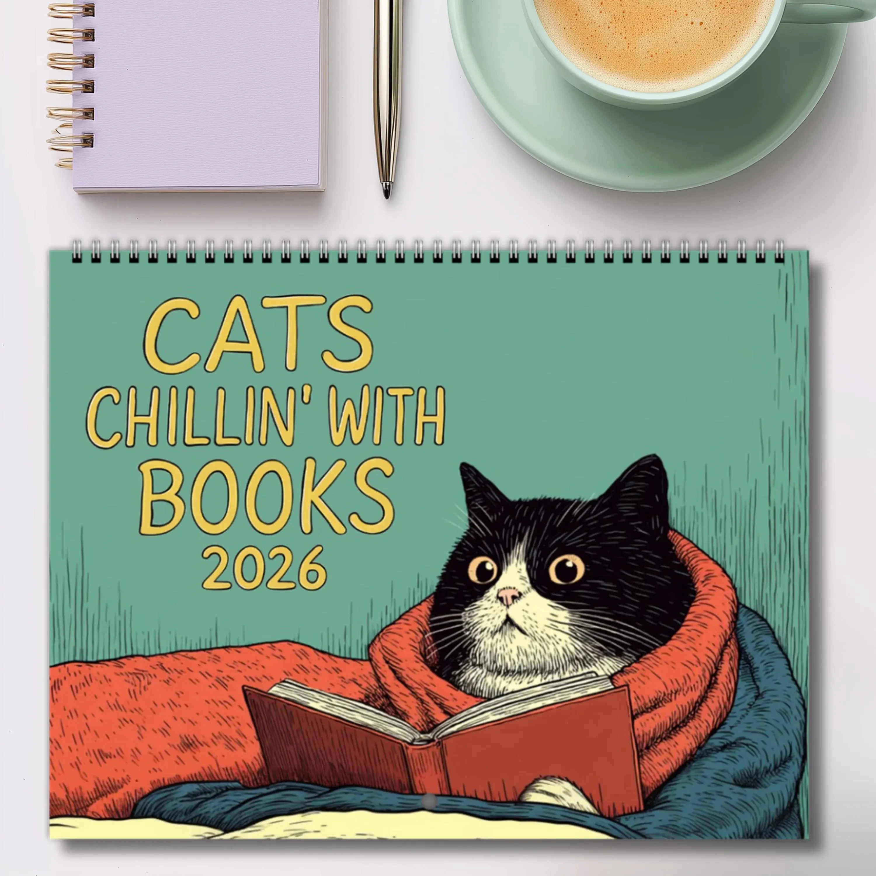 

2026 Cat Wall Calendar, Cats Relaxing with Books, Funny Cat Calendar, Gift for Book Lovers, Unique Home Decor, Cute Cat Art