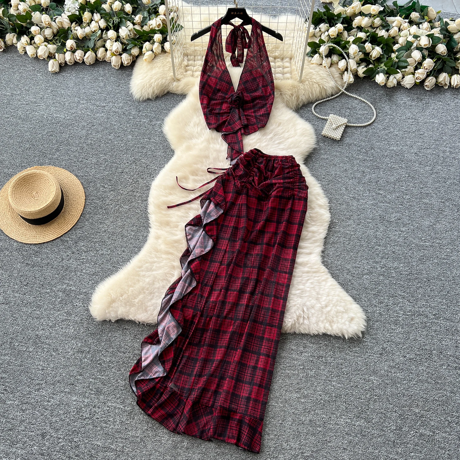 

Vintage sexy ruffle Plaid Dress Chic Summer Beach fairycore Vestidos Vacation women clothing ceremony dresses