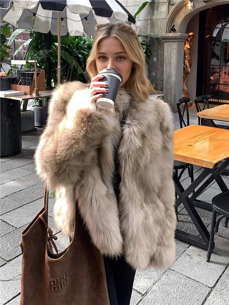 Warmth  Fur Jacket Women's Short Stand Collar Faux  Pelt Coat Fluffy Outerwear Stylish British Style Polyester 