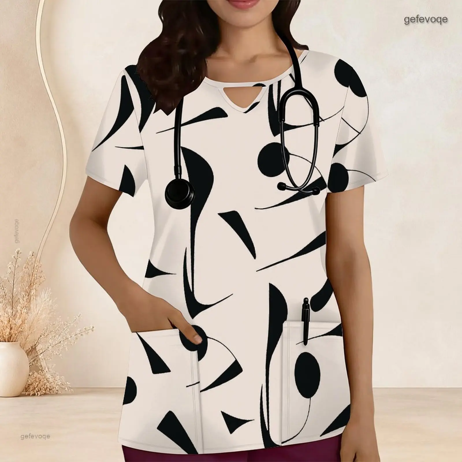 Keyhole Neck Short Sleeve Front Pockets Printed Scrub Top for Women