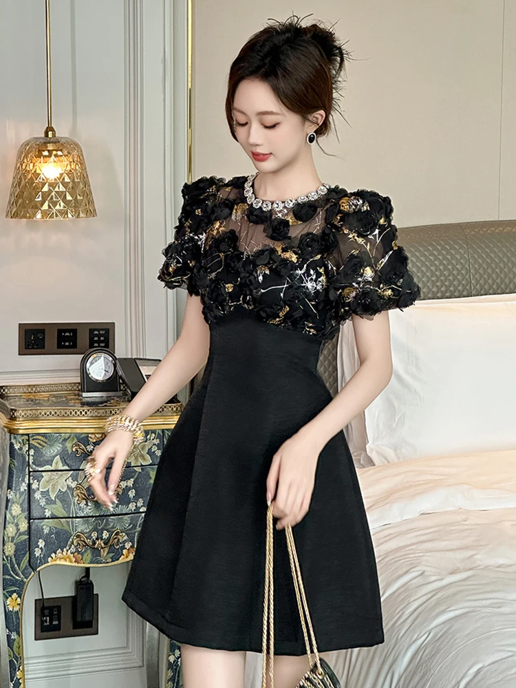 Women\'s Retro Luxury Prom Dress Elegant Sweet Black Diamonds Flowers Swing Short Ball Gown Femme Birthday Party Banquet Vestidos