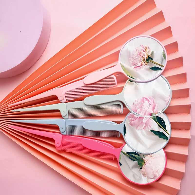 Folding Comb Two-Piece Set Makeup Mirror Handheld Makeup Mirror Round Vanity With Handle Salon Compact Cute Portable