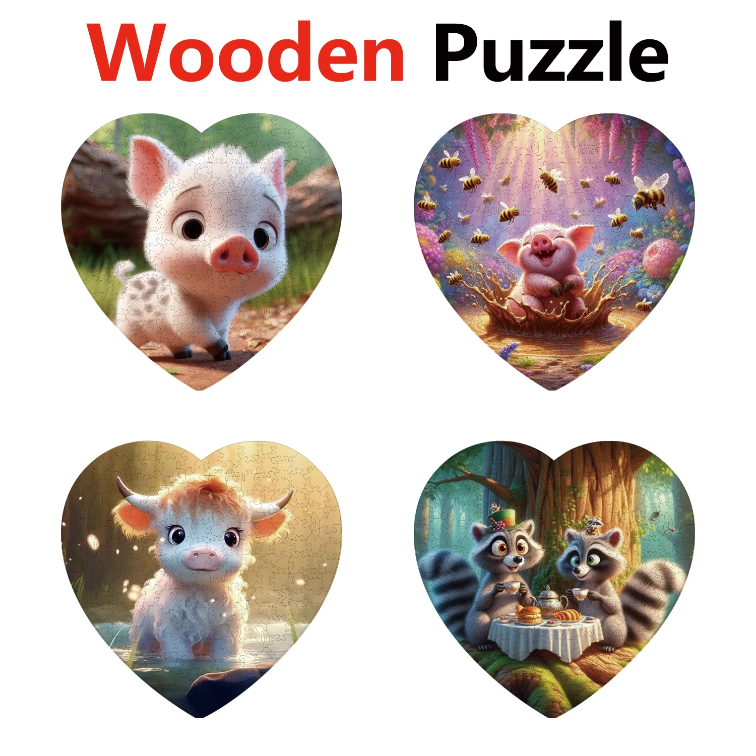 

Heart-shaped Animal Jigsaws For Adult Child Gifts Pig Flower Civet Cat Puzzles Distinctive Party Game Mysterious Wooden Puzzle