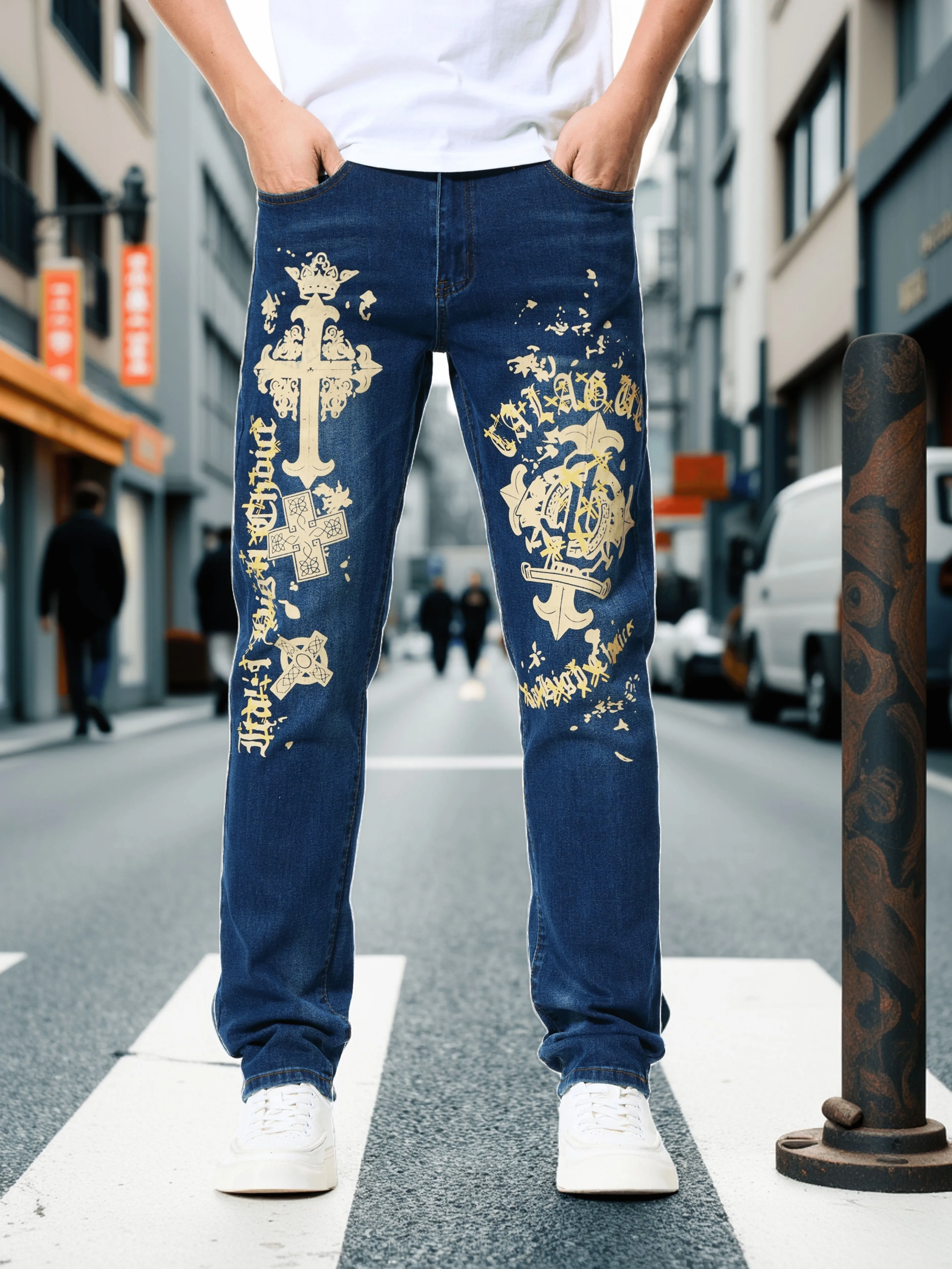 

Европейский и американский принт граффити, потертые усы, потертые рваные джинсы.