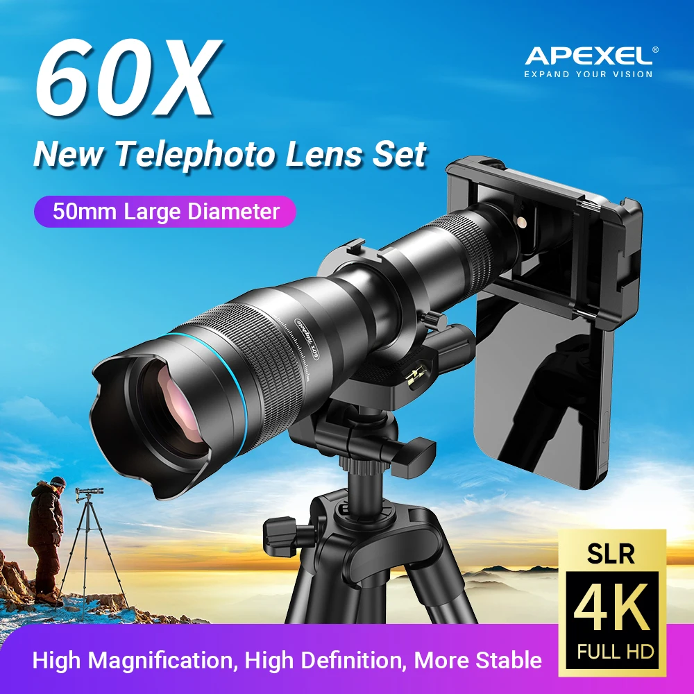 Apexel New 60X High Power Telescope 4K Professional Telephoto Mobile Phone Camera Lens For Stargazing Camping Powerful Monocular