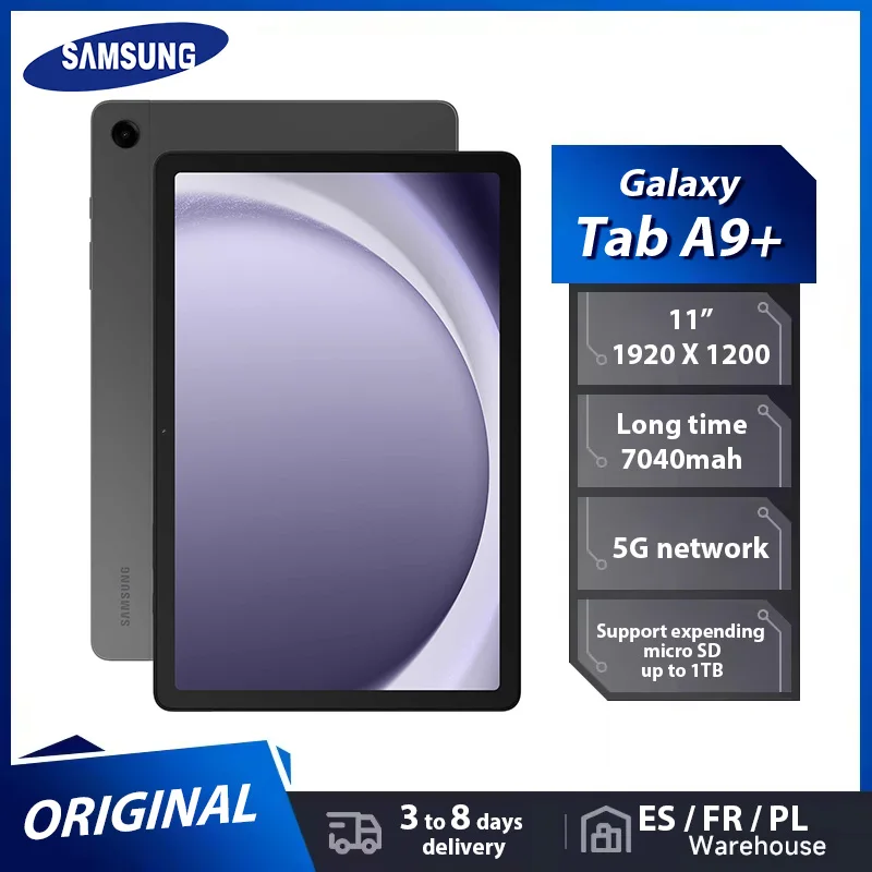 تابلت سامسونج جالاكسي تاب A9+ 5G مقاس 11 بوصة عالي الدقة وكاميرا بدقة 8 ميجابكسل وبطارية 7040 مللي أمبير في الساعة وحدة المعالجة المركزية Qcta-Core حتى 2.2 جيجا هرتز مع دعم مهمة متعددة
