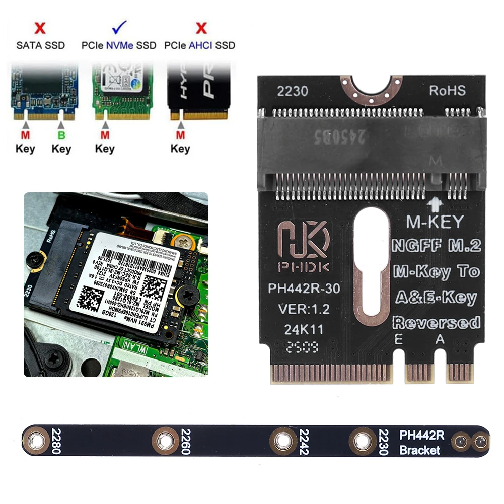 NGFF A+E-Key Male To NVME M-key Female Extension PCI-E 4.0 Adapter with Bracket M2 WIFI Interface for 2230 2242 2260 2280 SSD