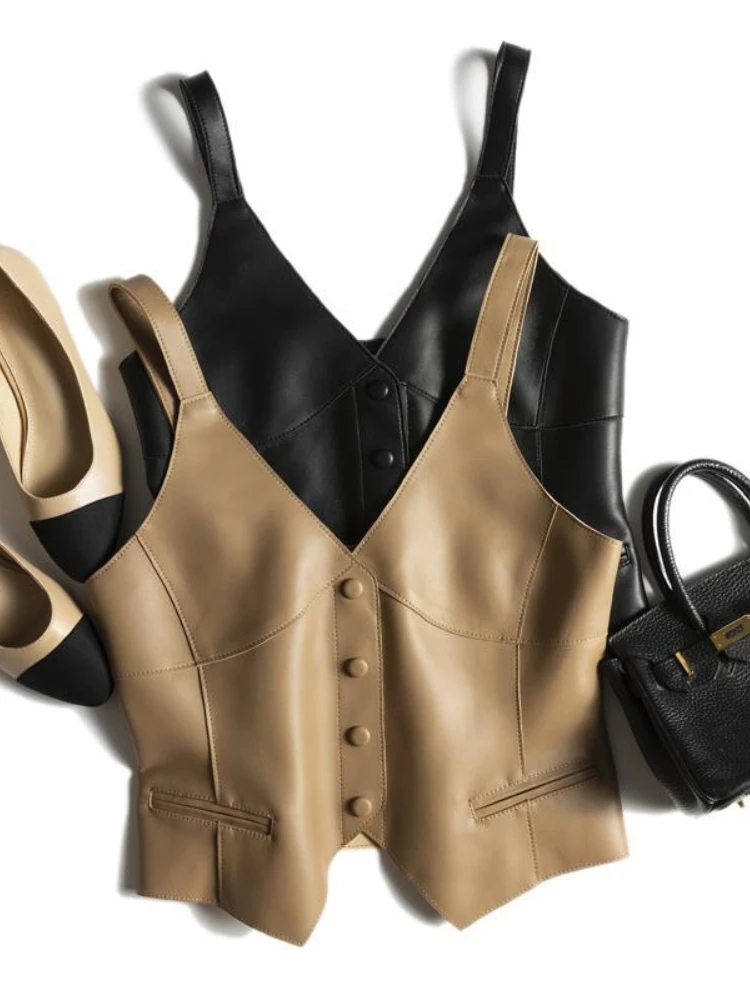 

Sexy Gyaru Tanks Solid Color Single Breasted PU Leather Summer Crop Top All Match Streetwear Fashion Vintage Women Clothing 2024