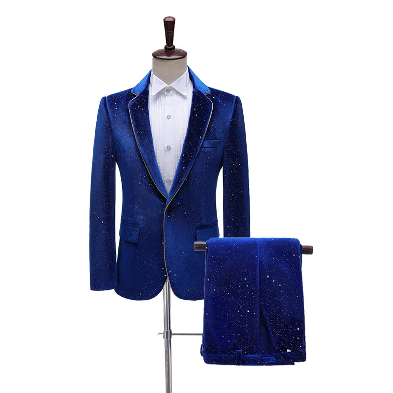 

Cinema Men's Stage Performance Dress, Velvet, Gilded and Trimmed Suit Set, Singer and Emcee Performance, Color Suit