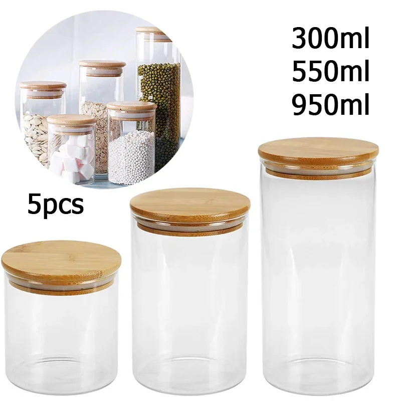 5pcs Glass Storage Jars with Airtight Lid Kitchen Storage Bottles Jars Sealed Container Food Pots for Grains,Sugar,Coffee,Tea