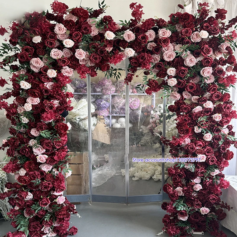 Custom Burgundy New Artificial Red Rose with Green Leaf Runner Floral Row Wedding Arch Background Wall Decor Home Event prop