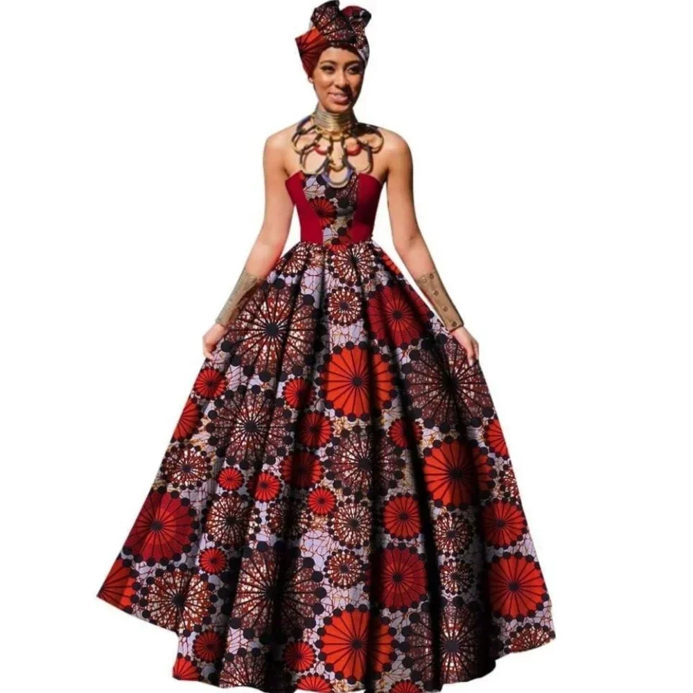 Womens African Dress Dashikis Print Ball Gown Party Dress Maxi and Strapless Women Clothing with Free Headwear Plus Size WY1805 image 2