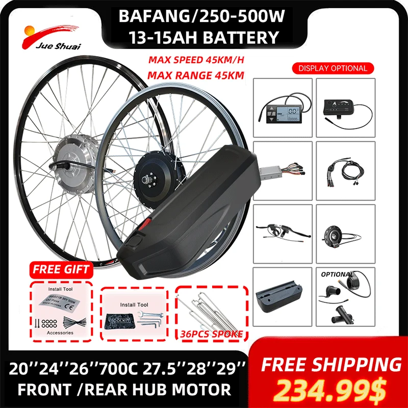 Bafang-電動自転車キット,バッテリー付き,e-バイクキット,フロント