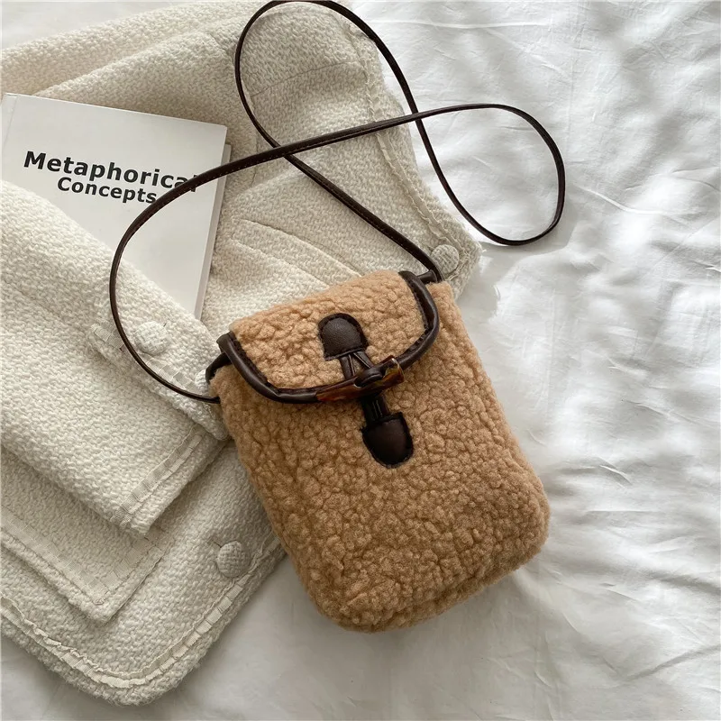 Fashion Winter Lambswool Phone Bag Sweet Lovely Portable Women Wallets Square Purse Faux Fur Plush Shoulder Bags