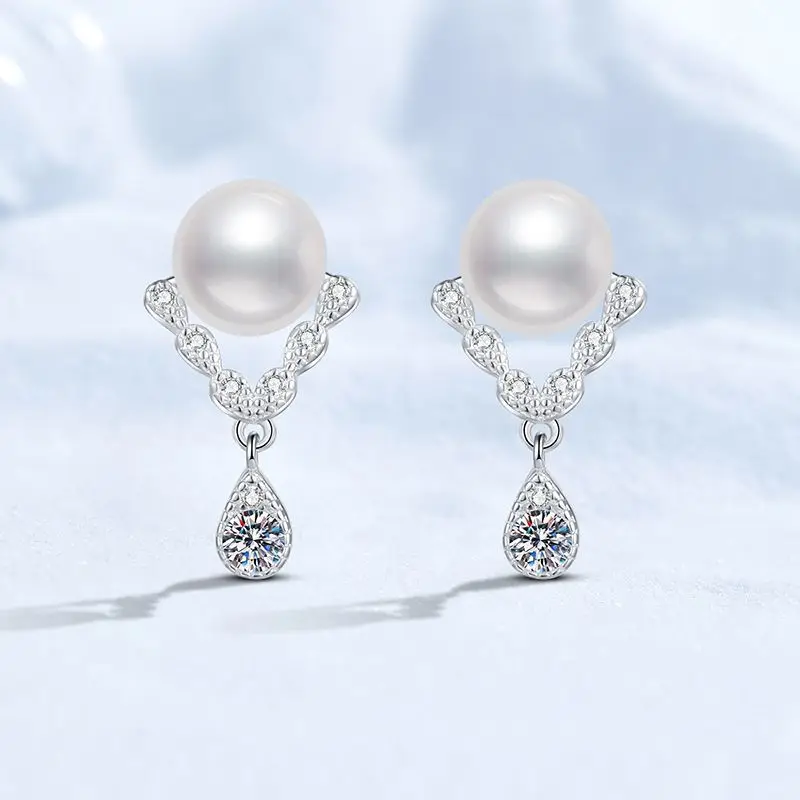 

Mozambique Stone Earrings Platinum PT950 18K Gold Natural Freshwater Pearl Earrings V-shaped Style High Quality Earrings