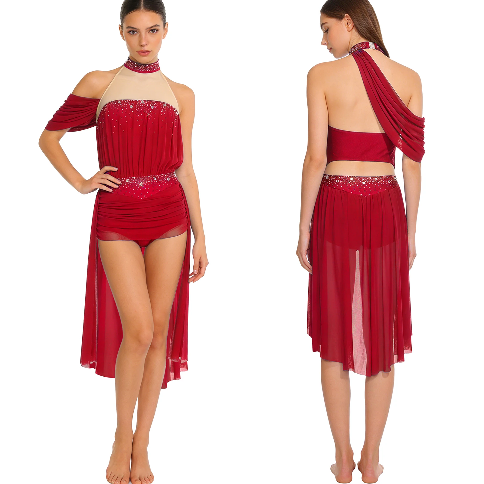 

Womens Ruched Latin Tango Dance Dress Rhinestone Mesh Unitard Bodysuit Dress for Ballet Lyrical Figure Skating Stage Performance