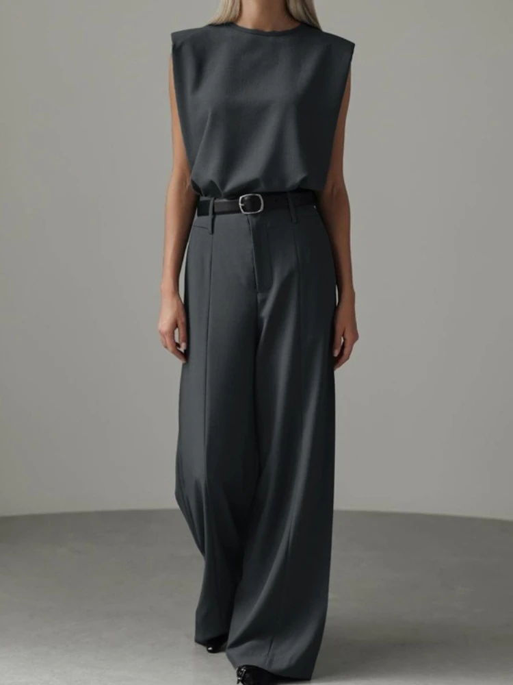 

Foamlina Women Elegant Dark Grey Sleeveless Shoulder Pad Top & High Waist Wide Leg Long Pants 2 Piece Set Office Lady Outfits