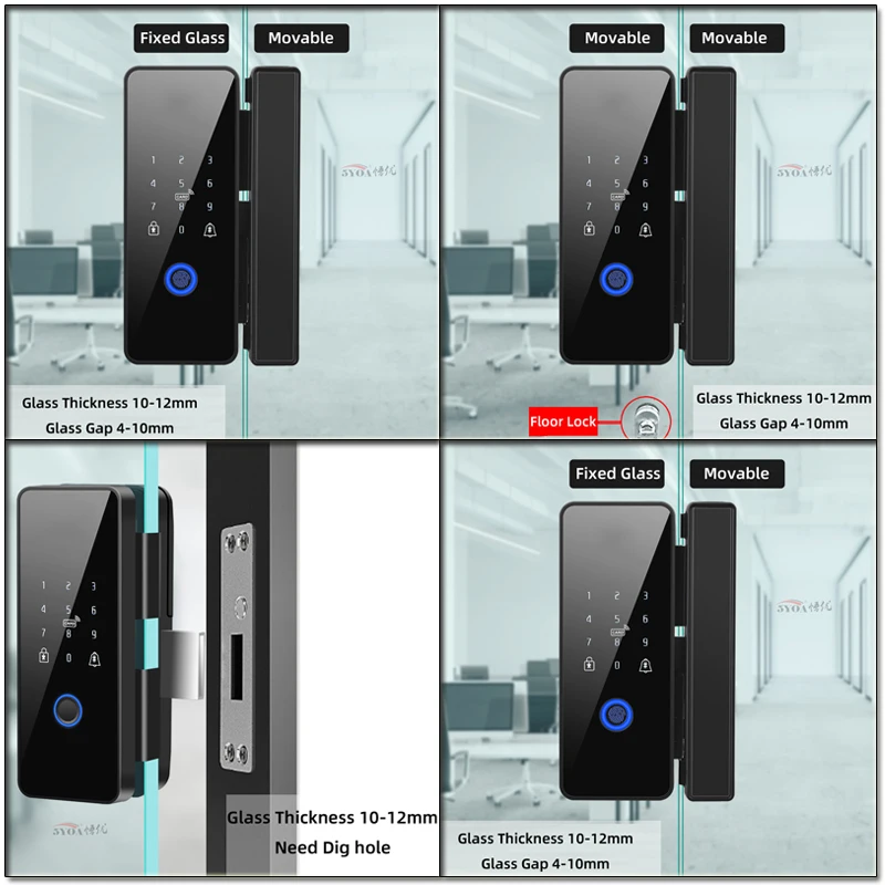 Tuya APP Glasses Fingerprint Lock Bluetooth Smart Glass Door Biometric Electronic Door Lock 13.56Mhz RFID Remote Control Unlock