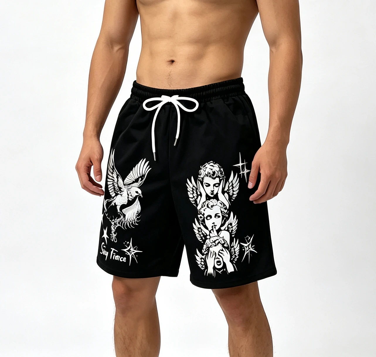 European American Summer Retro Little Angel Letter Print Comfortable Breathable Drawstring Men Shorts Outdoor Casual Pants