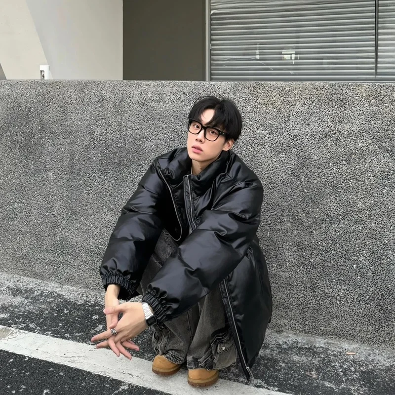 

Thiened Bla Stand Collar Winter Cotton Jaet Men's Sle American High Street PU Leather Bread Sle Warmth Sensation Ou...