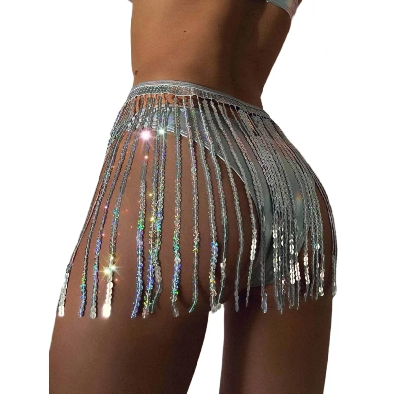 Womens Belly Dance Skirt Sequins Tassels Fringed Hip Scarf Wrap Mini Skirts Club Festival Halloween Costume