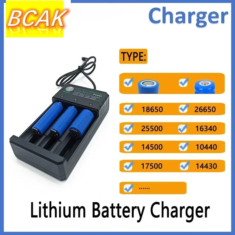 BCAK Charger 4.2V 3Slots Battery Charger for Li-ion Lithium Battery with LED Indicator 18650 26650 25500 16340 14500 10440 17500