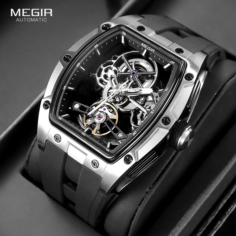 

MEGIR Men Wristwatch Fashion Black Waterproof Automatic Mechanical Watch with Luminous Hands Silicone Strap Tonneau Dial 2242