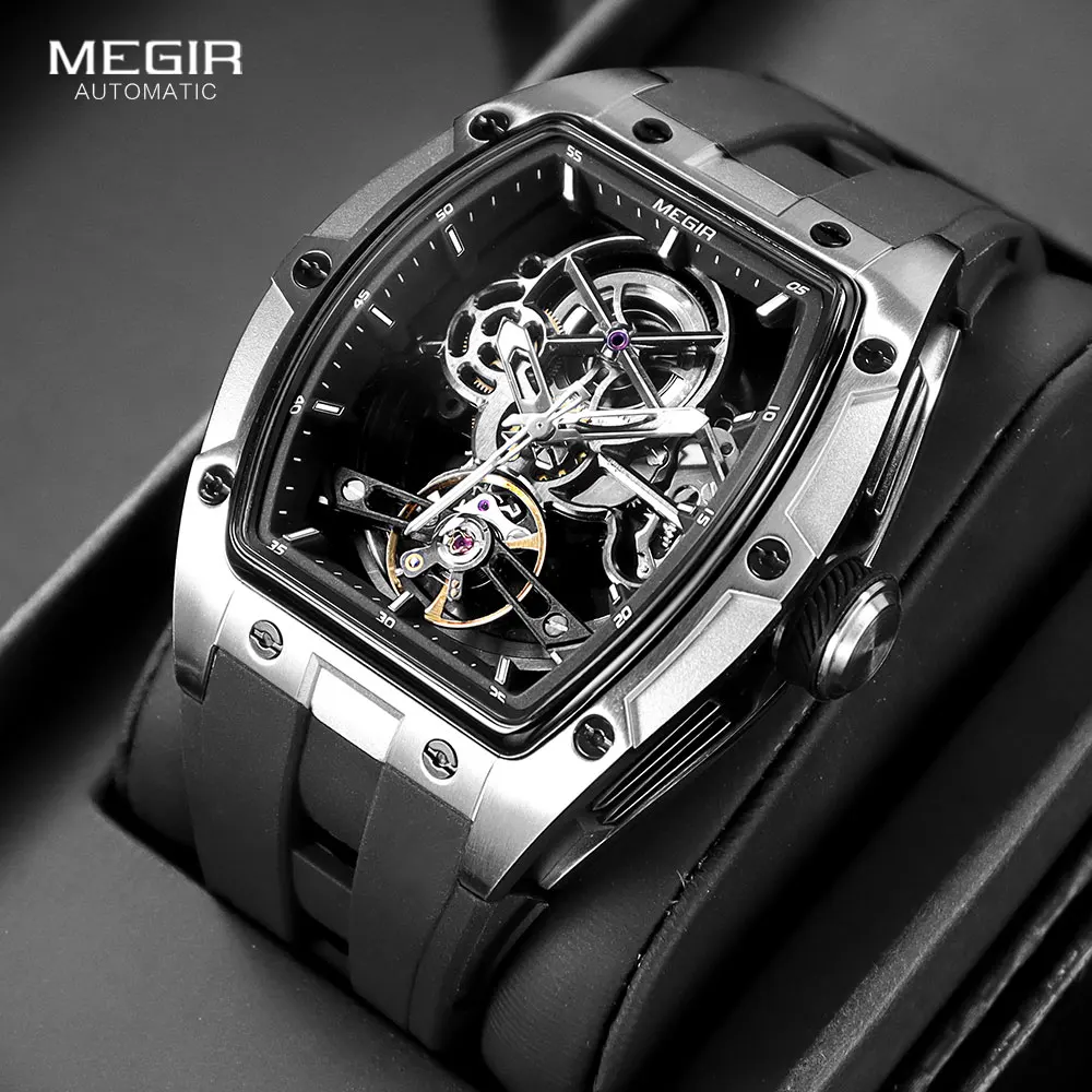 MEGIR Men Wristwatch Fashion Black Waterproof Automatic Mechanical Watch with Luminous Hands Silicone Strap Tonneau Dial 2242