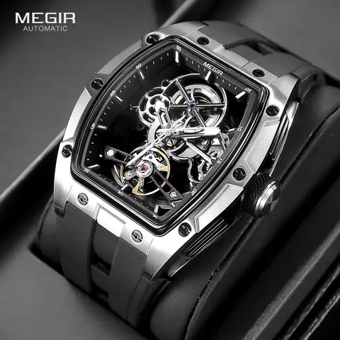 MEGIR orologio da polso da uomo moda nero impermeabile orologio meccanico automatico con lancette luminose cinturino in Silicone quadrante Tonneau 2242