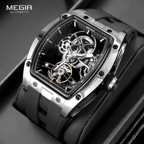 MEGIR-Reloj de pulsera para hombre, accesorio masculino resistente al agua con manecillas luminosas, correa de silicona, esfera Tonneau, color negro, 2242